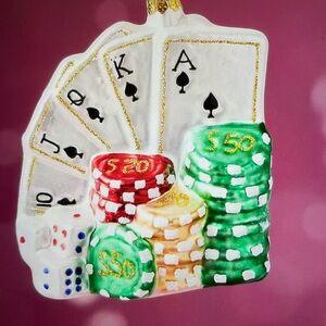 ❤️ ANTHROPOLOGIE POKER CHIPS & CARDS GLASS ORNAMENT NEW